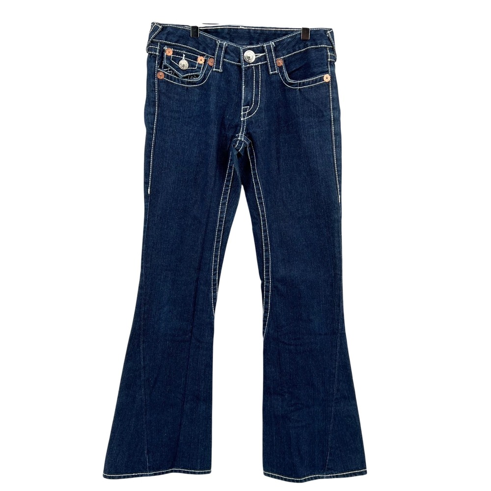 True Religion Joey Super T Flare Jeans Blue Indigo White Stitch USA 24-803NBT2